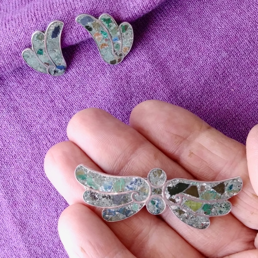 1940s Crushed Turquoise Brooch Earrings Set